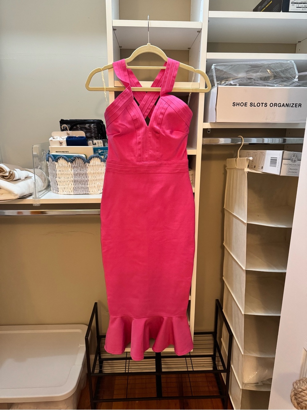 WOW couture Hot Pink Fitted Midi Dress with Flounce Hem